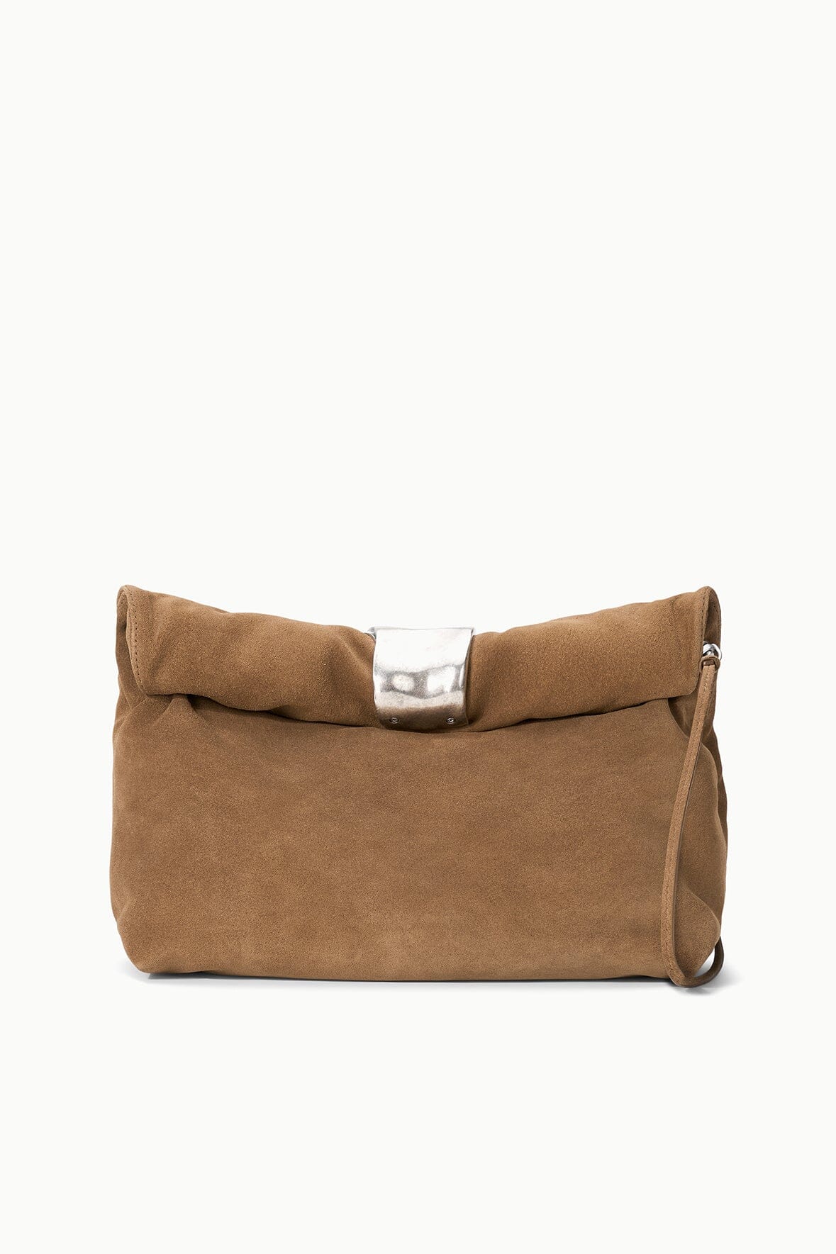 Husk brown cuff clutch with silver snap top and structured gathered front