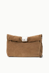 Husk brown cuff clutch with silver snap top and structured gathered front