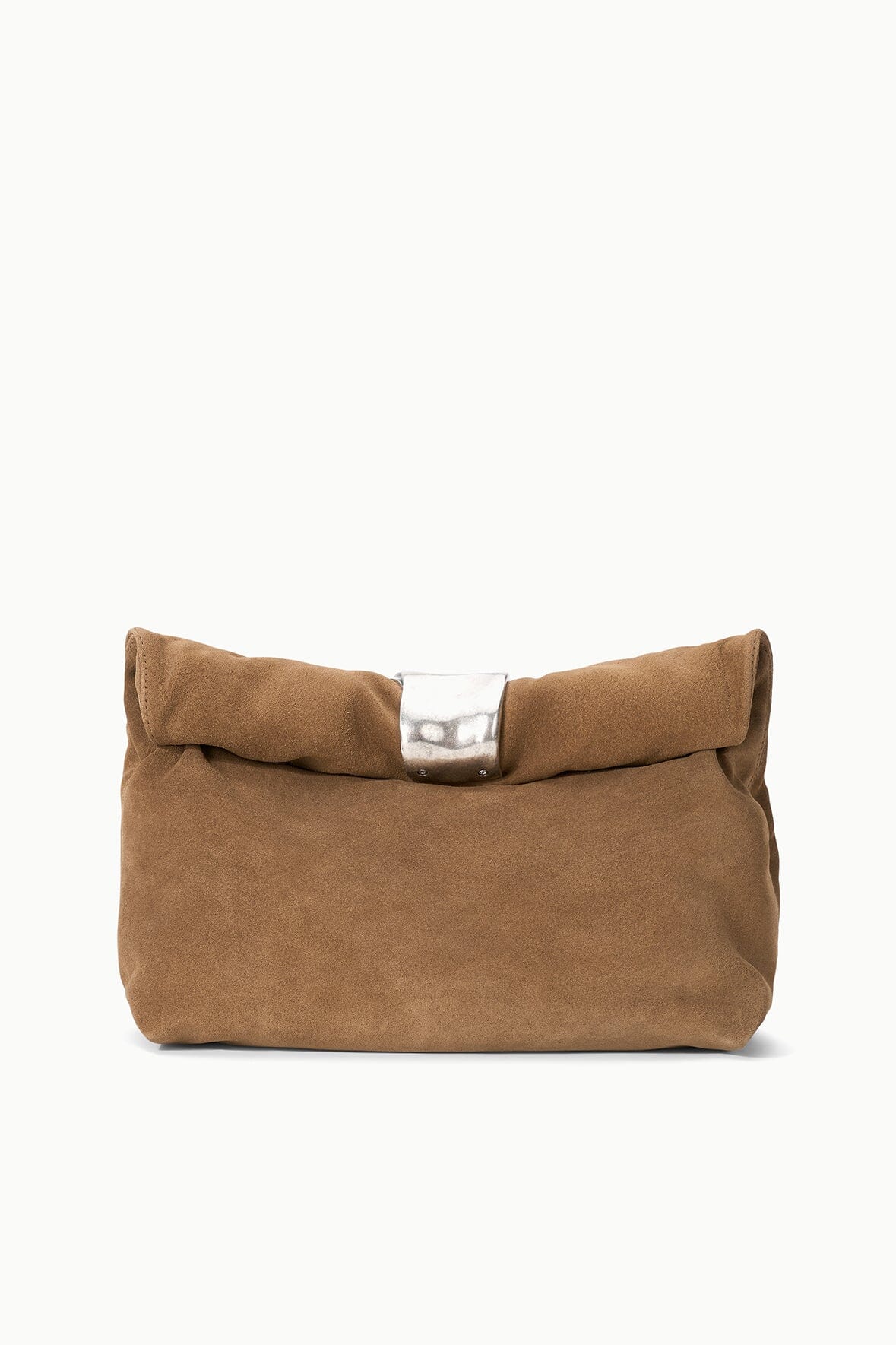Husk brown cuff clutch with silver snap closure and compact fold-over shape