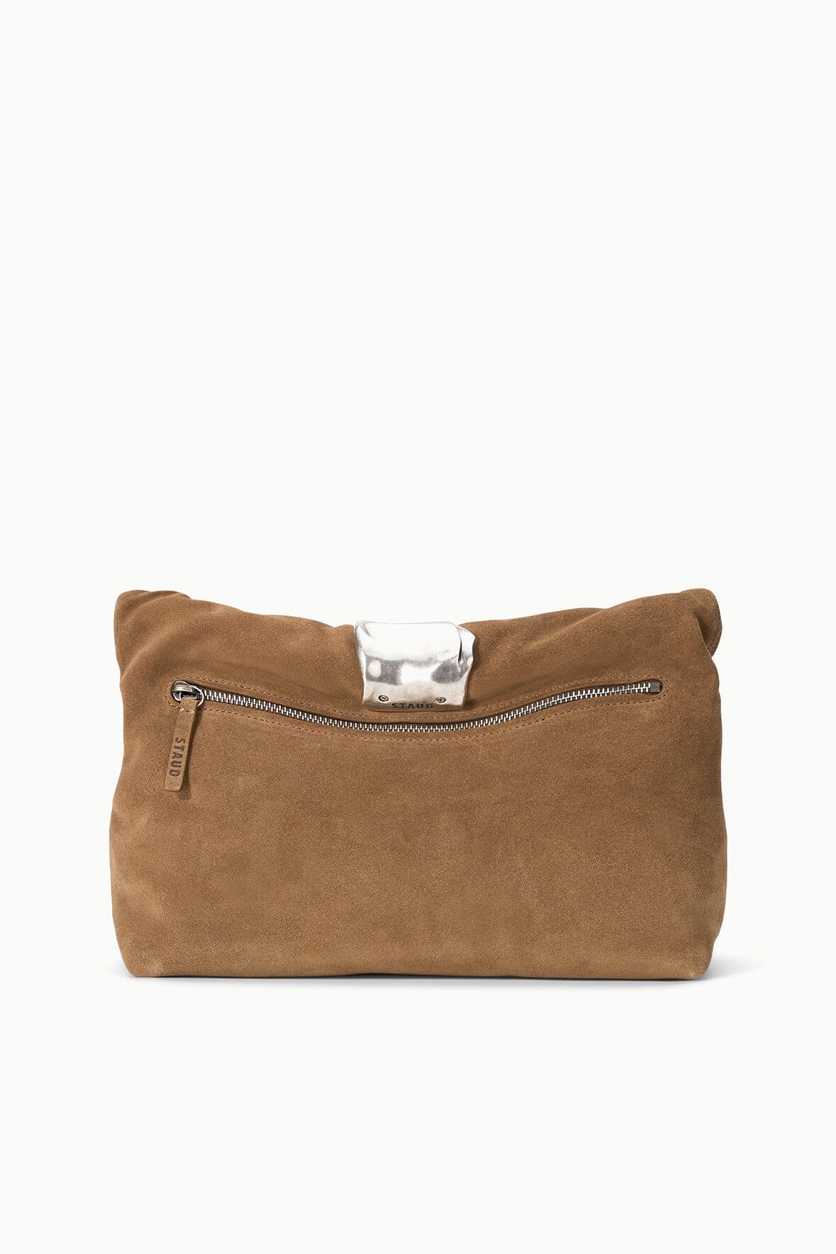 Husk brown cuff clutch with silver snap strap and front zipper pocket