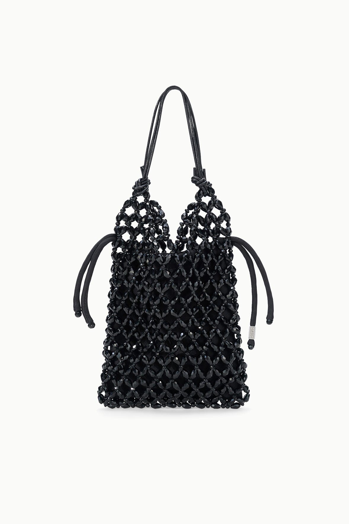 KARLA black beaded tote bag with short knotted handles and open top