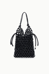 KARLA black beaded tote bag with short knotted handles and open top