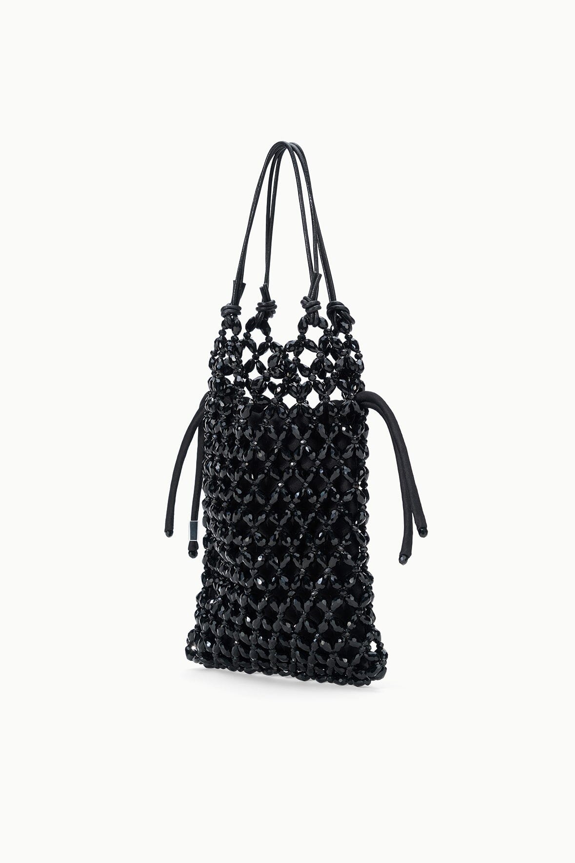 Black beaded tote bag with drawstring-style knotted handles and slim silhouette