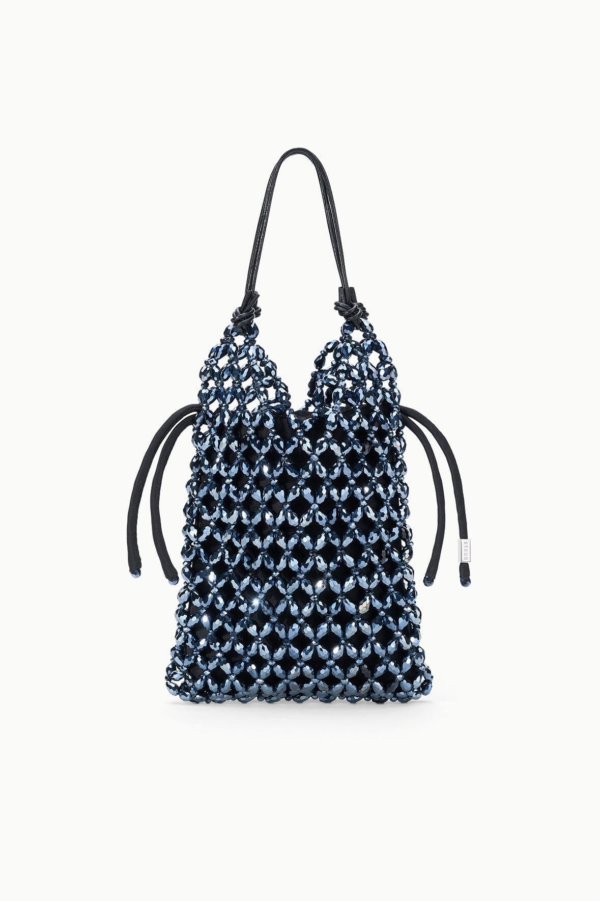 Dark blue beaded bucket bag with top drawstring cords and black handles