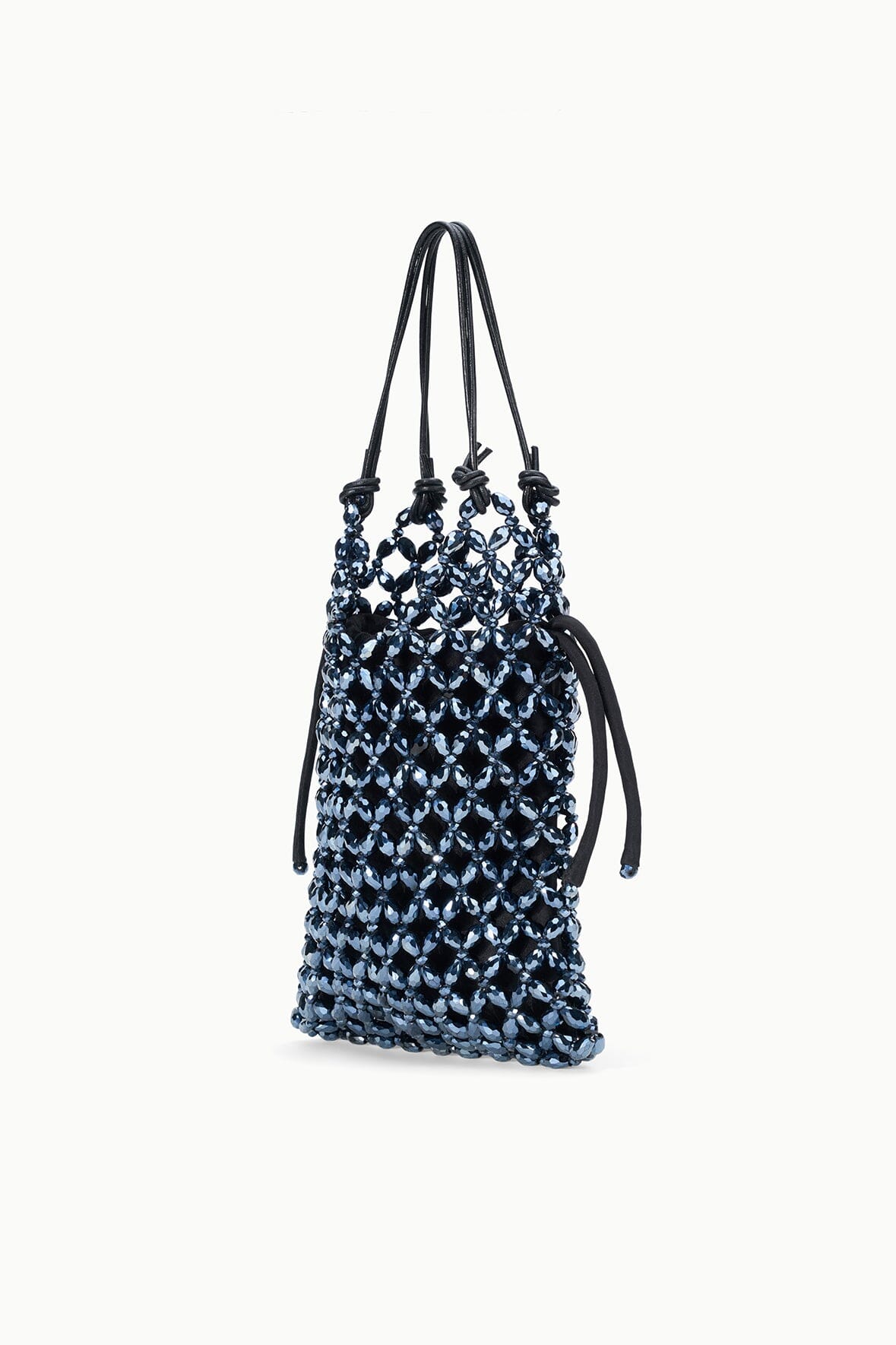 Dark blue beaded bucket bag with curved top straps and hanging drawstring cords
