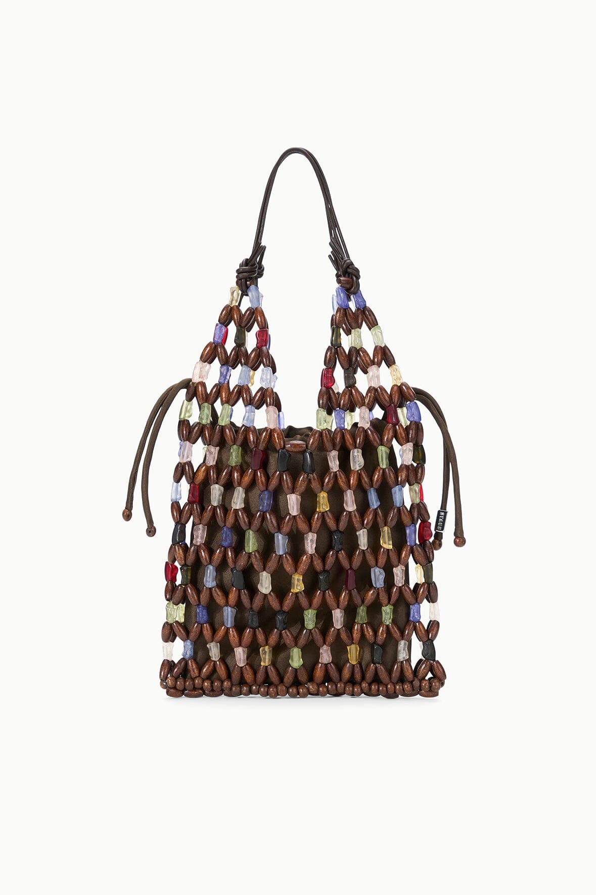 Beaded tote bag with multicolor oval beads and dark braided handles