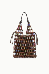 Beaded tote bag with multicolor oval beads and dark braided handles