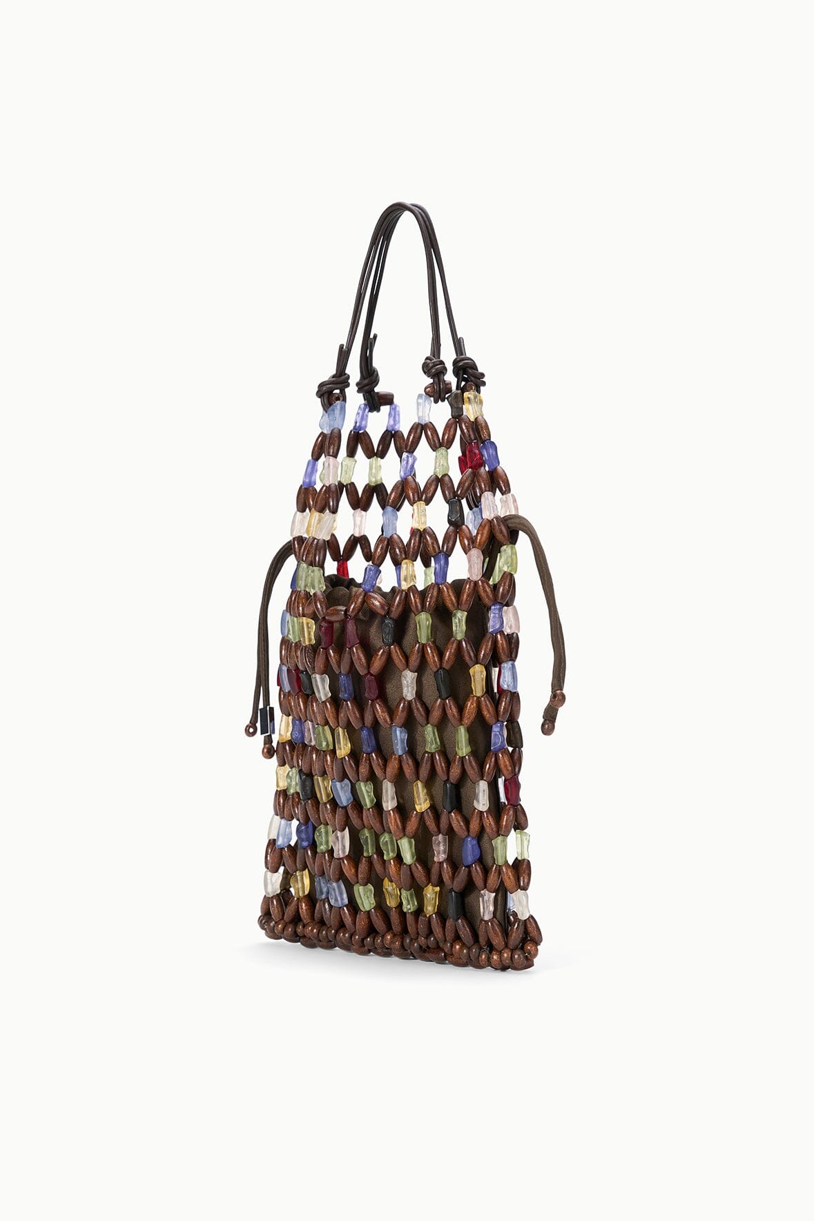 Beaded tote bag with multicolor oval beads and long dark drawstring-style handles