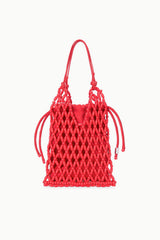 Red beaded drawstring bucket bag with macrame-style net weave and two loop handles
