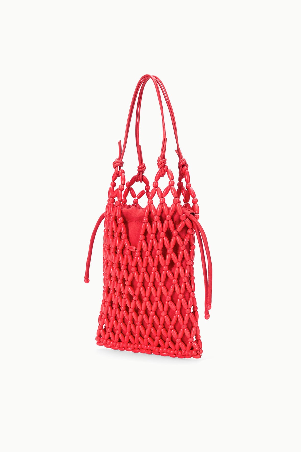 Red beaded drawstring bucket bag with diamond net pattern and hanging side tassels