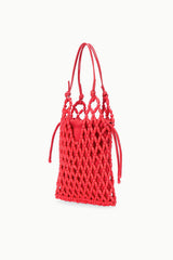 Red beaded drawstring bucket bag with diamond net pattern and hanging side tassels