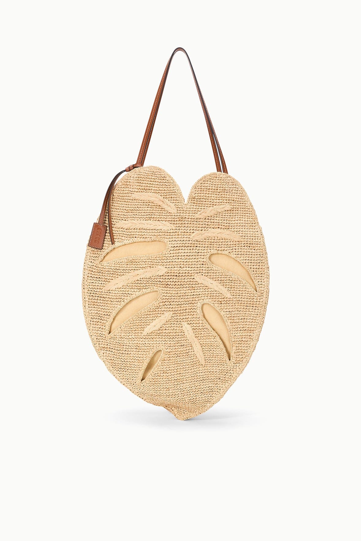 Large natural raffia palm leaf bag with brown leather top handles and flap pocket