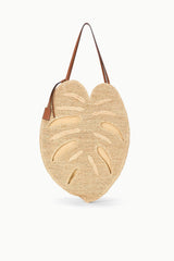 Large natural raffia palm leaf bag with brown leather top handles and flap pocket
