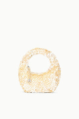 Cream sequined tote bag with rounded handle and scallop texture, front view.