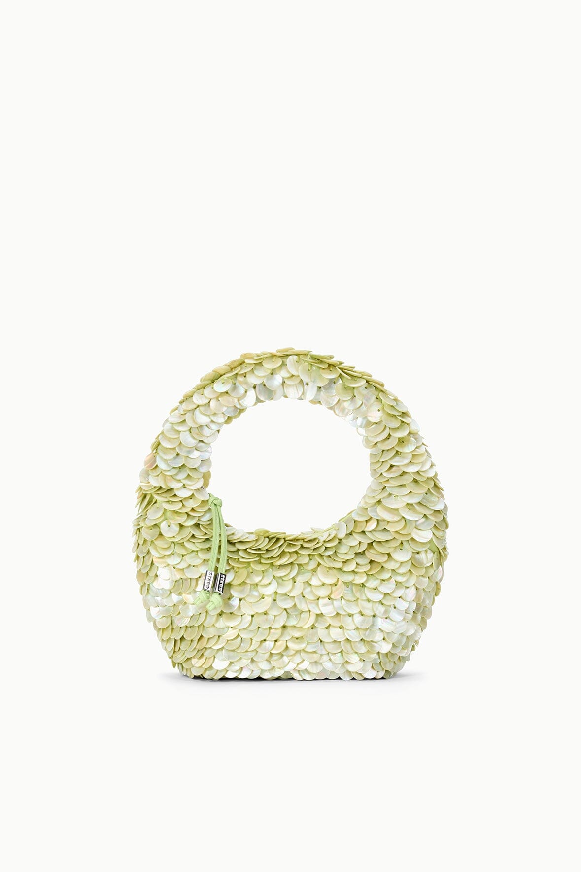 Light-green sequin-shell bag with rounded open top and short handle