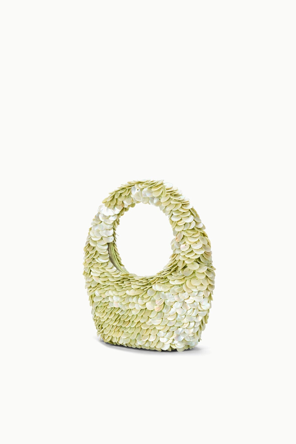 Light-green sequin-shell bag with rounded open top, side view