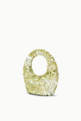 Light-green sequin-shell bag with rounded open top, side view