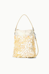 Cream sequin LILA mini bag with top handle and adjustable shoulder strap, studio view