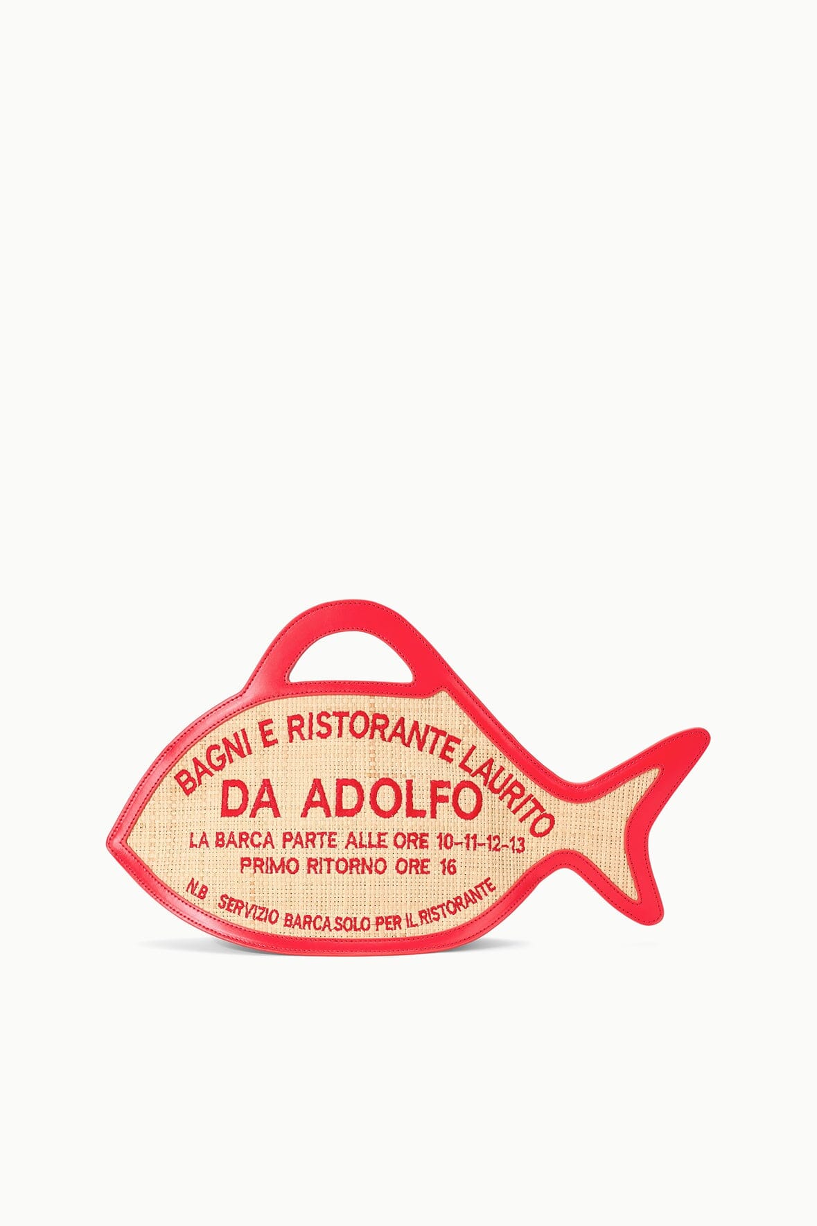 Fish-shaped tote bag with beige woven body and red trim, DA ADOLFO branding