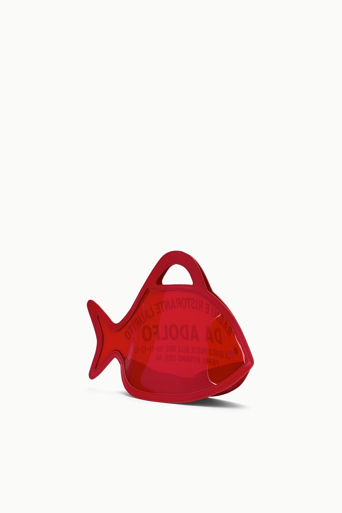 Red fish-shaped bag tail fin with logo print, side view