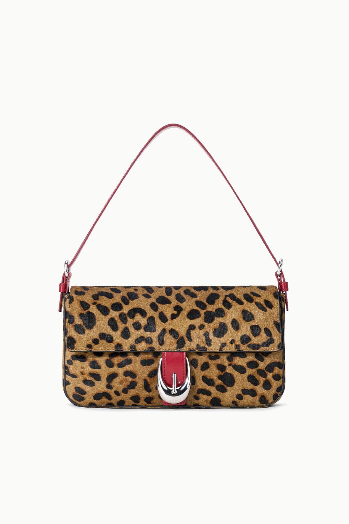 Cheetah-print shoulder bag with flap and red straps, silver buckle front