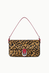Cheetah-print shoulder bag with flap and red straps, silver buckle front