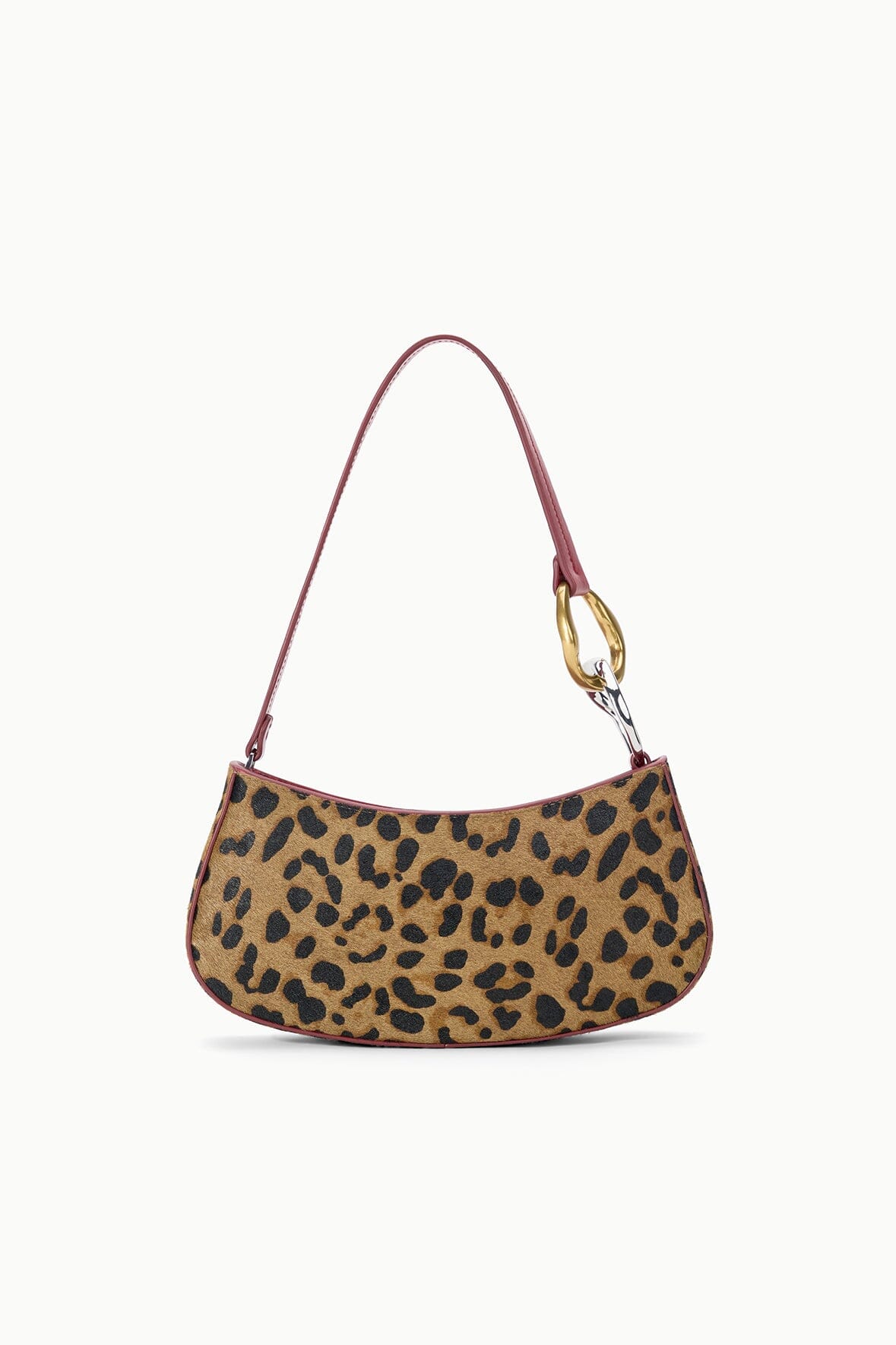 Cheetah-print half-moon bag with burgundy strap and gold clasp ring