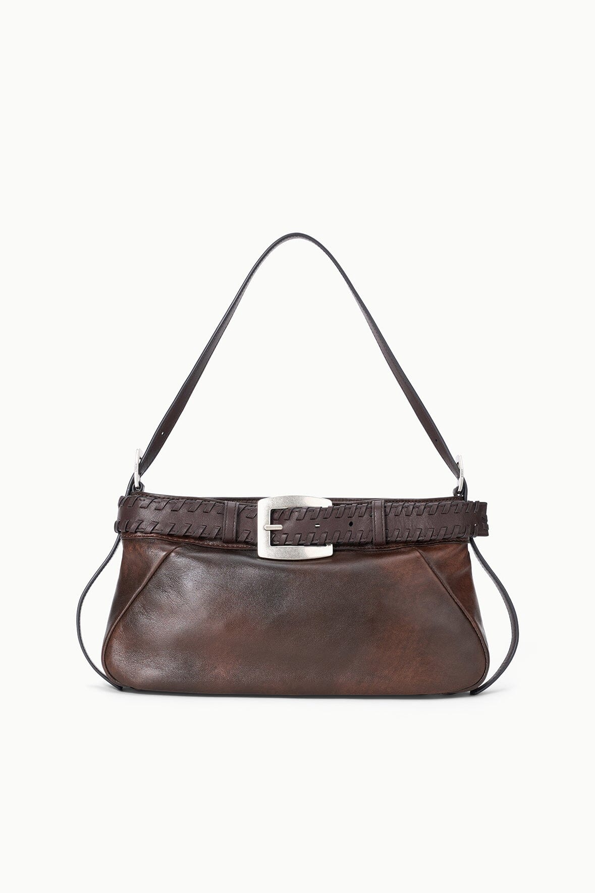 Espresso-brown distressed shoulder bag with front buckle and top handles.