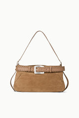 Tan suede shoulder bag with woven strap trim and silver buckle