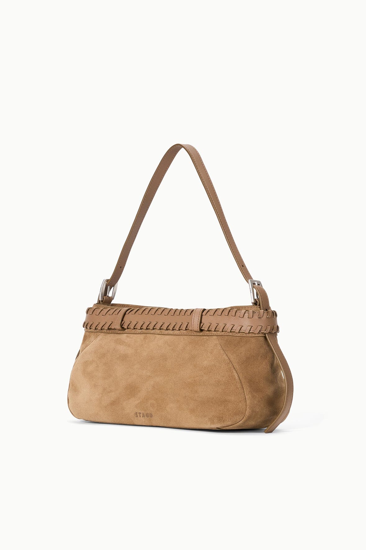 Tan suede shoulder bag with woven front trim and silver buckle, side view