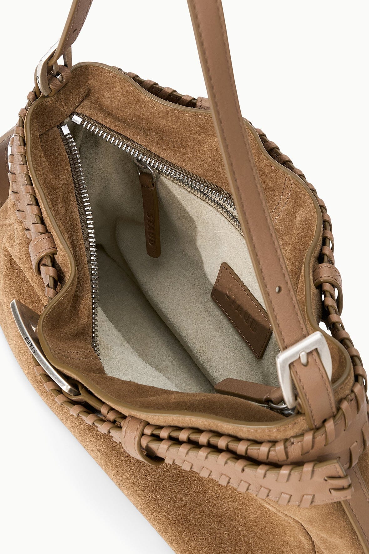 Tan suede shoulder bag open interior with zip pocket and leather trim