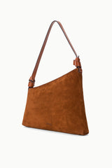 Tabac suede shoulder bag with single long strap and relaxed slouchy form