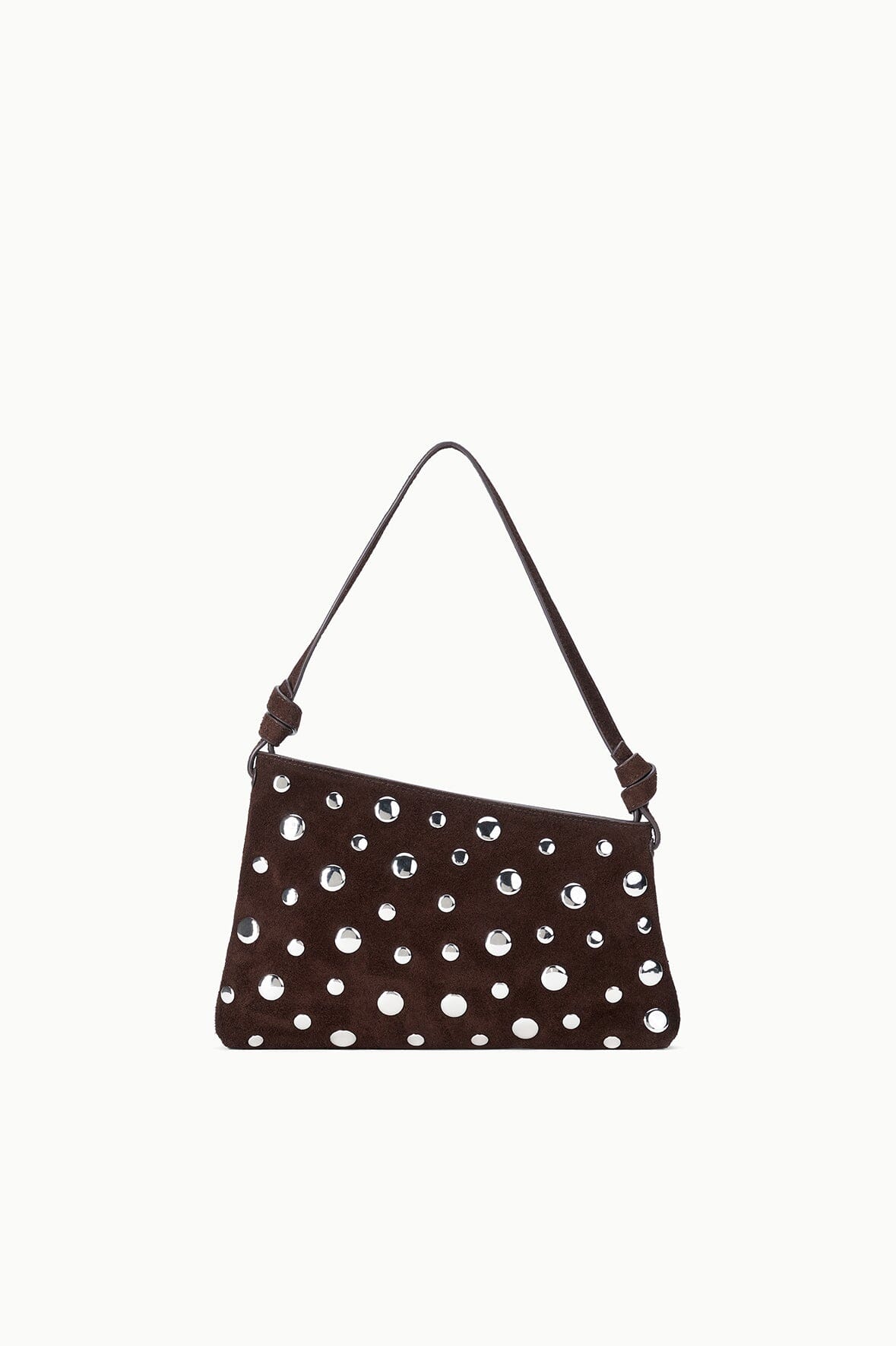 Mini shoulder bag in dark brown with silver stud pattern and single shoulder strap.