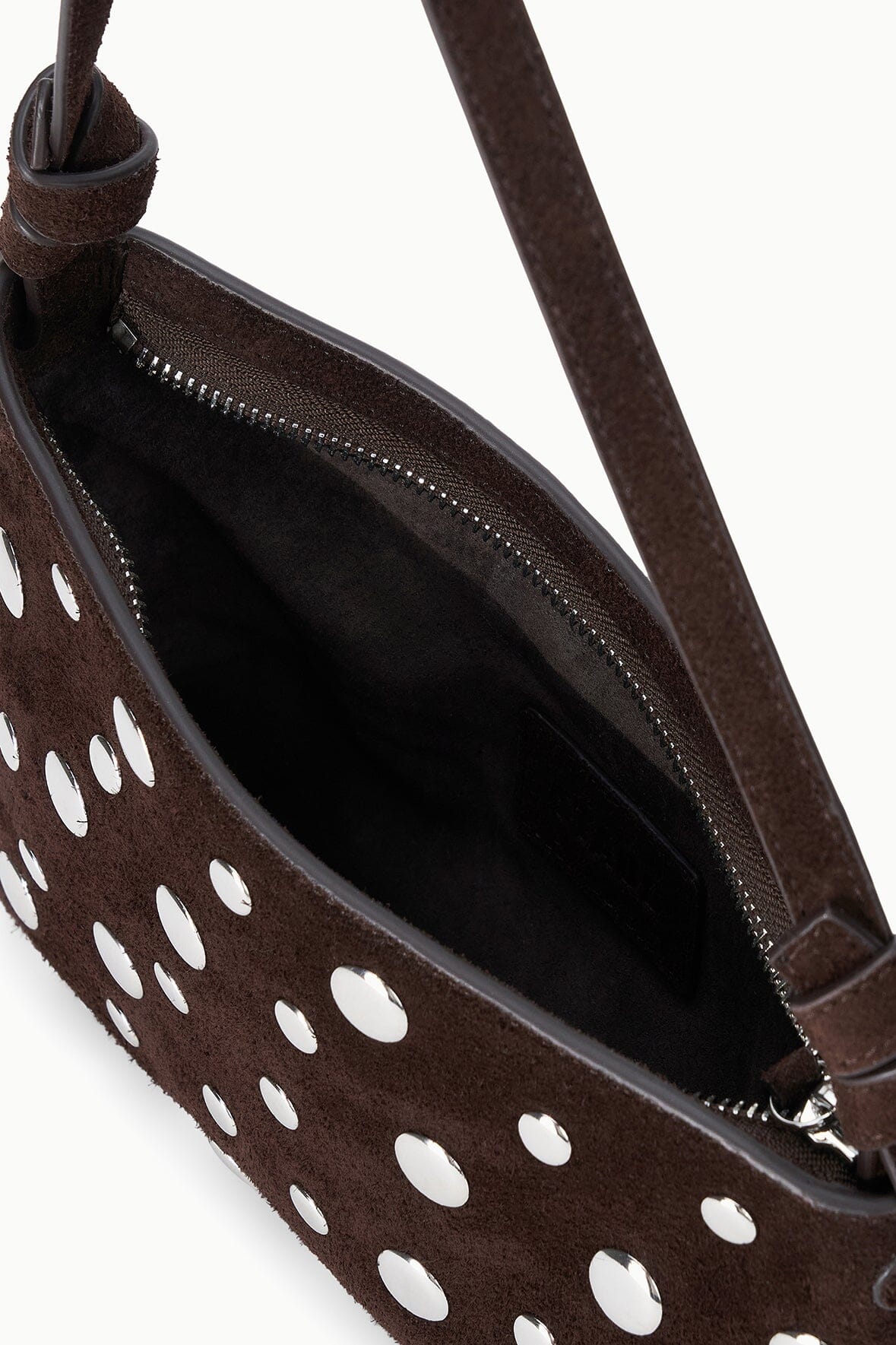 Mini shoulder bag open view with dark interior lining and top zip closure.