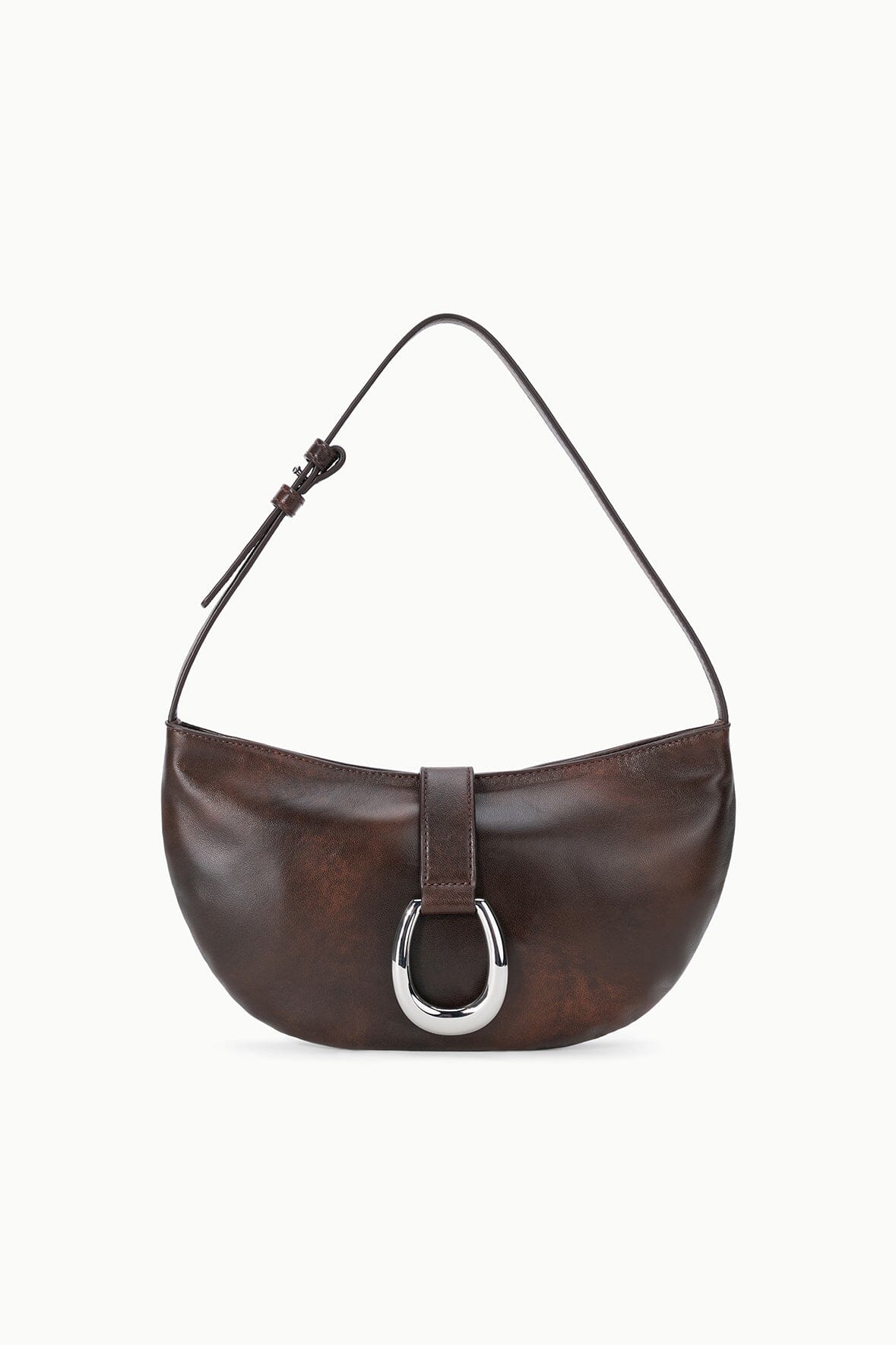 Espresso-brown crescent shoulder bag with silver O-ring buckle and single shoulder strap