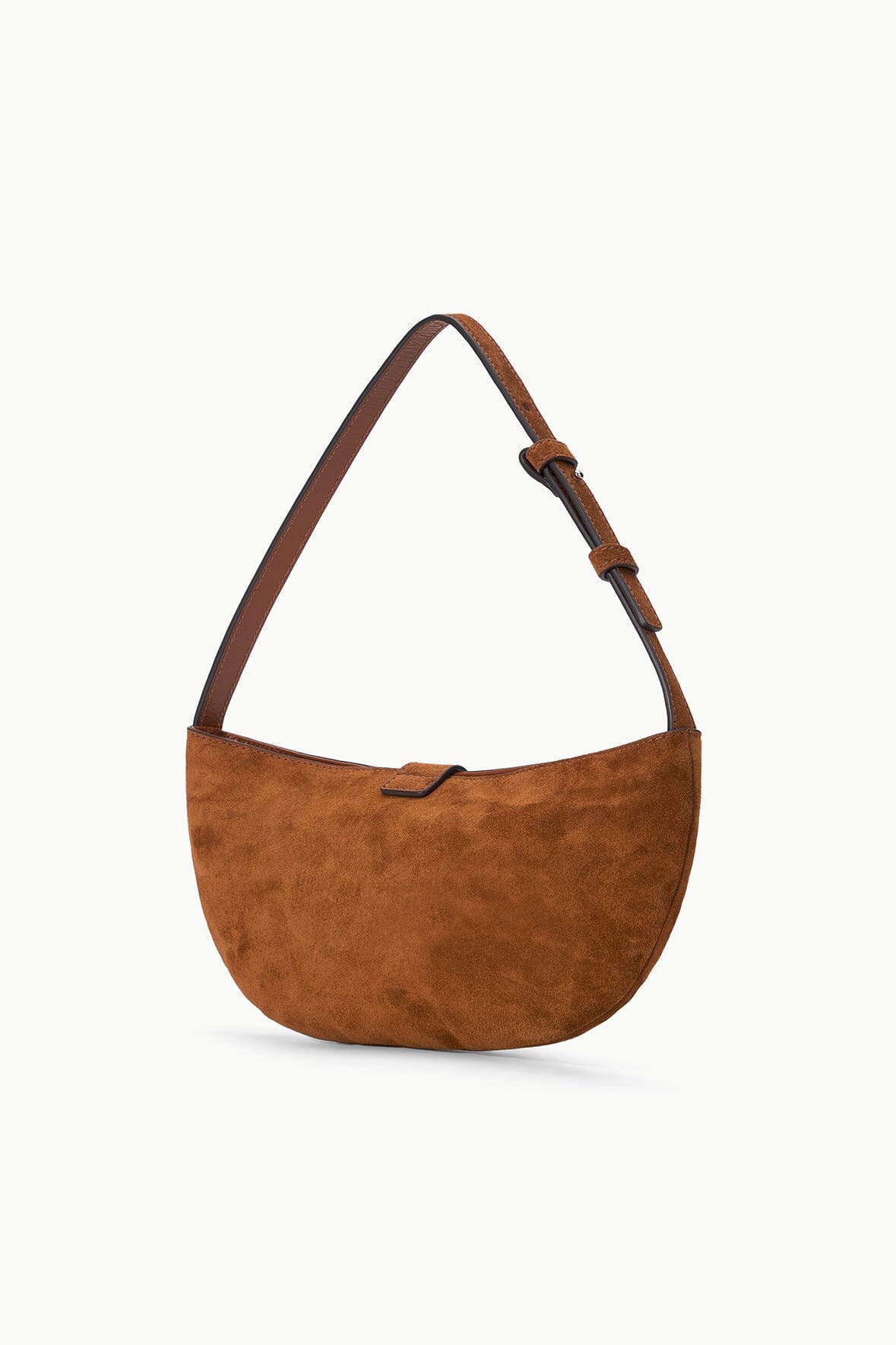 Tabac suede shoulder bag interior showing zip pocket and dark lining