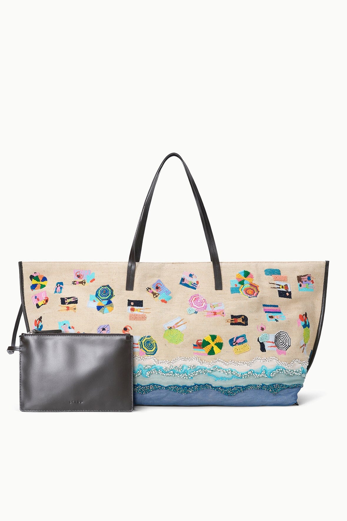 CHRISTOS large beach tote with colorful beach print, blue bottom, black handles, plus pouch