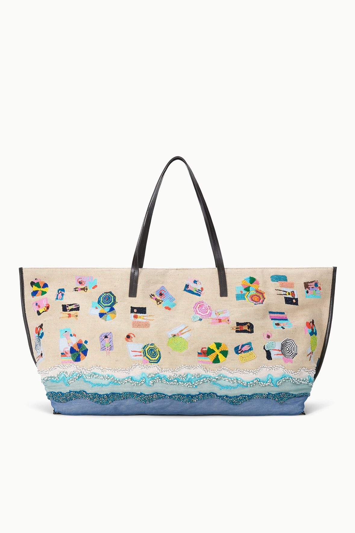 Large beach day tote bag with colorful beach artwork, blue lower panel, black top handles