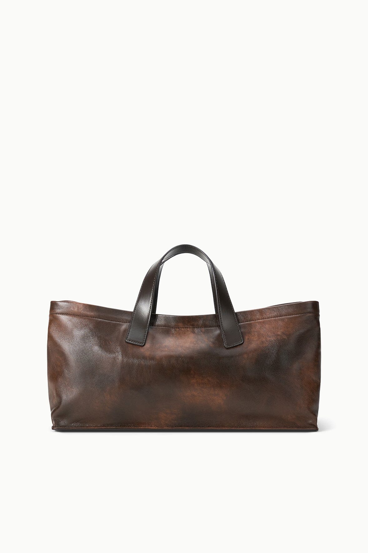 Distressed leather port tote with two top handles, espresso-brown