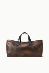 Distressed leather port tote with two top handles, espresso-brown