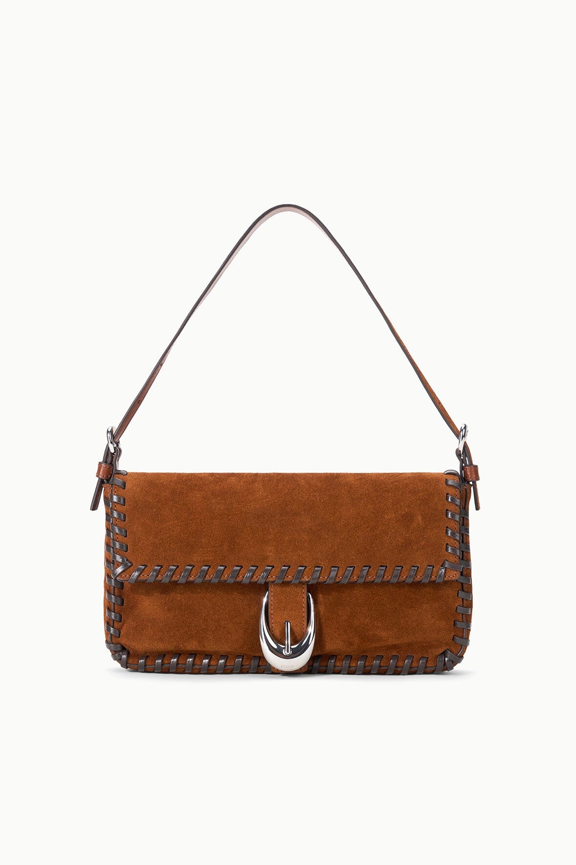 Espresso suede shoulder bag with metal clasp and braided edging