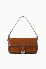 Espresso suede shoulder bag with metal clasp and braided edging