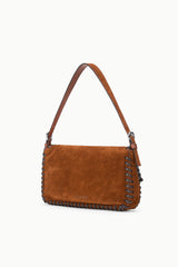 Espresso suede shoulder bag with braided trim and short top handles
