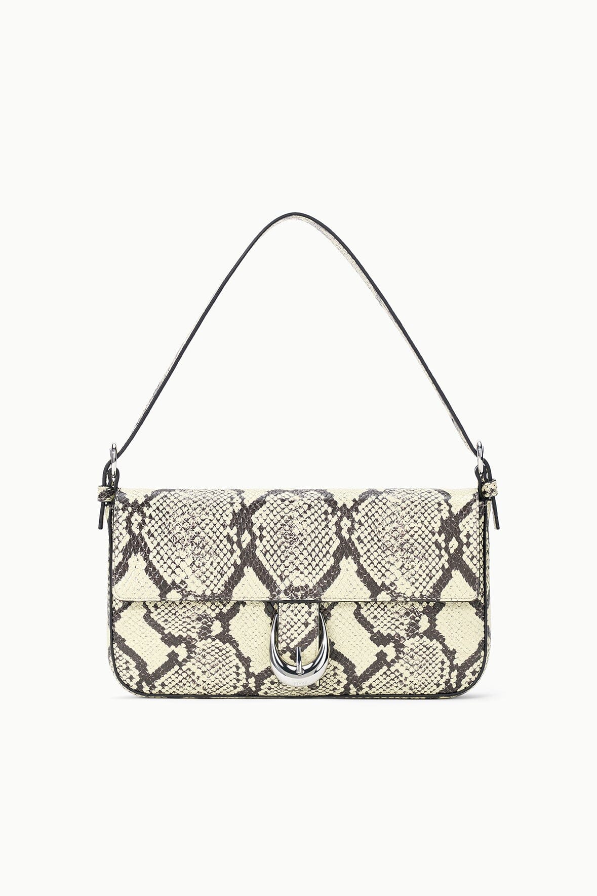 Harlow bag with curved flap and silver oval clasp, white snake-print