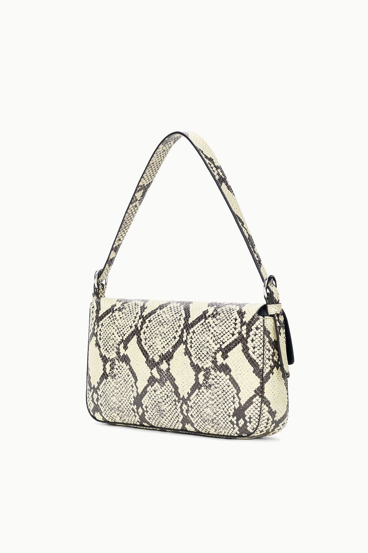 Harlow bag in white snake-print with top handle and silver hardware accents