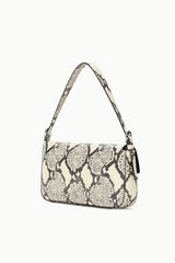 Harlow bag in white snake-print with top handle and silver hardware accents