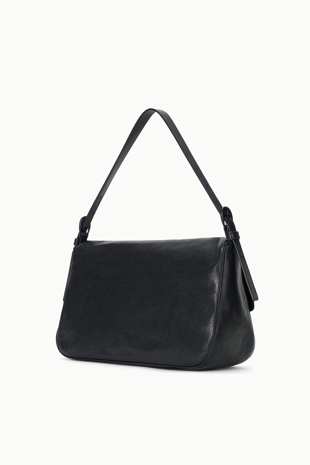 Black leather-look medium crescent shoulder bag with top handles and side strap