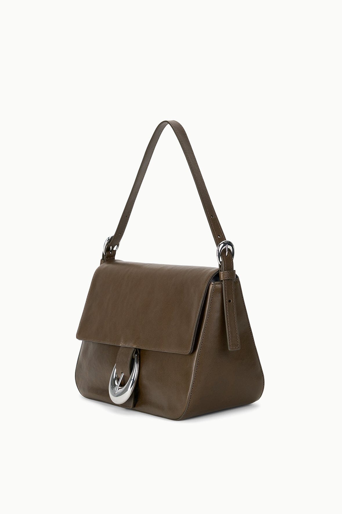 Truffle brown medium shoulder bag with flap front, curved handle straps, silver clasp