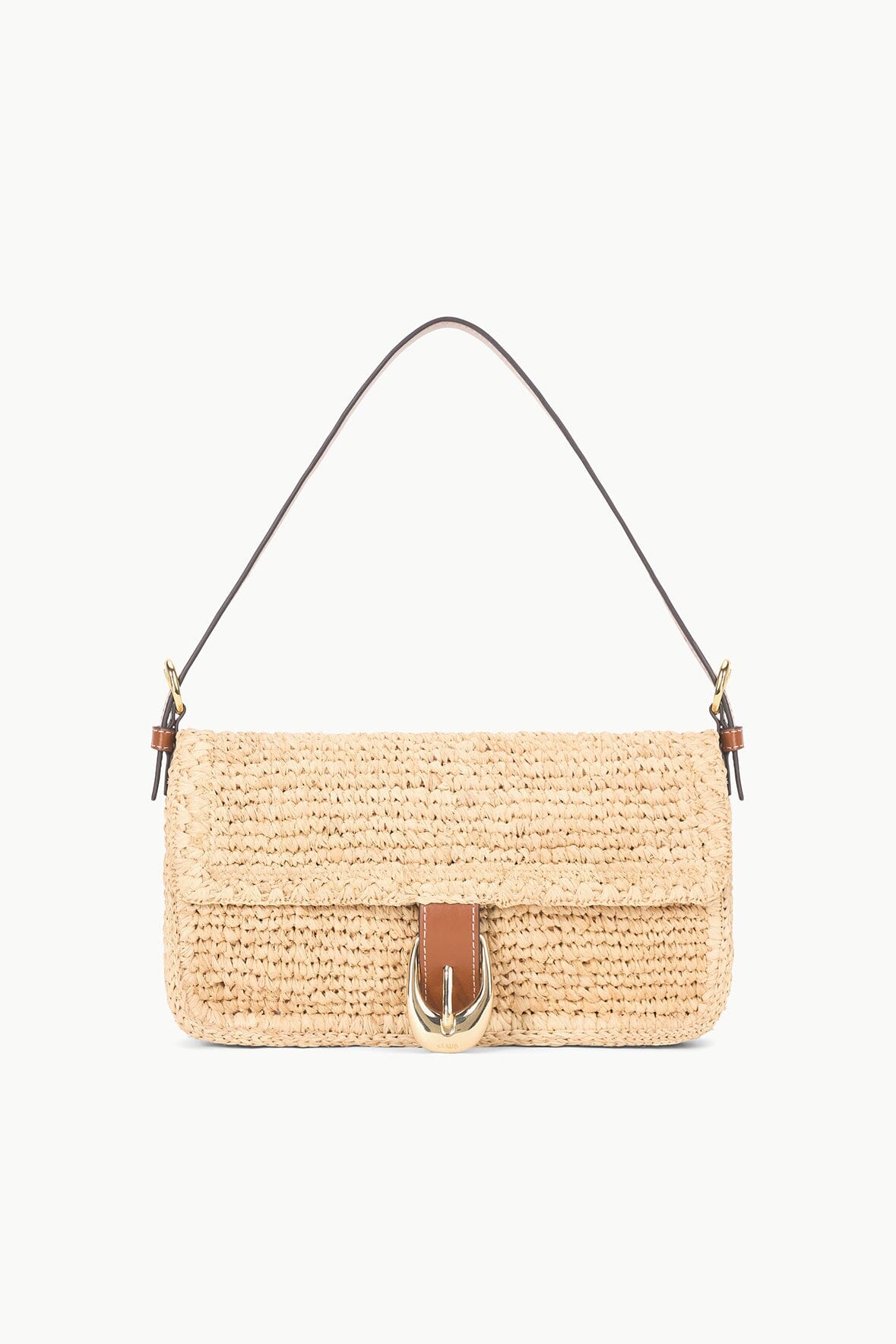 Natural tan raffia shoulder bag with gold-tone hardware and flap front