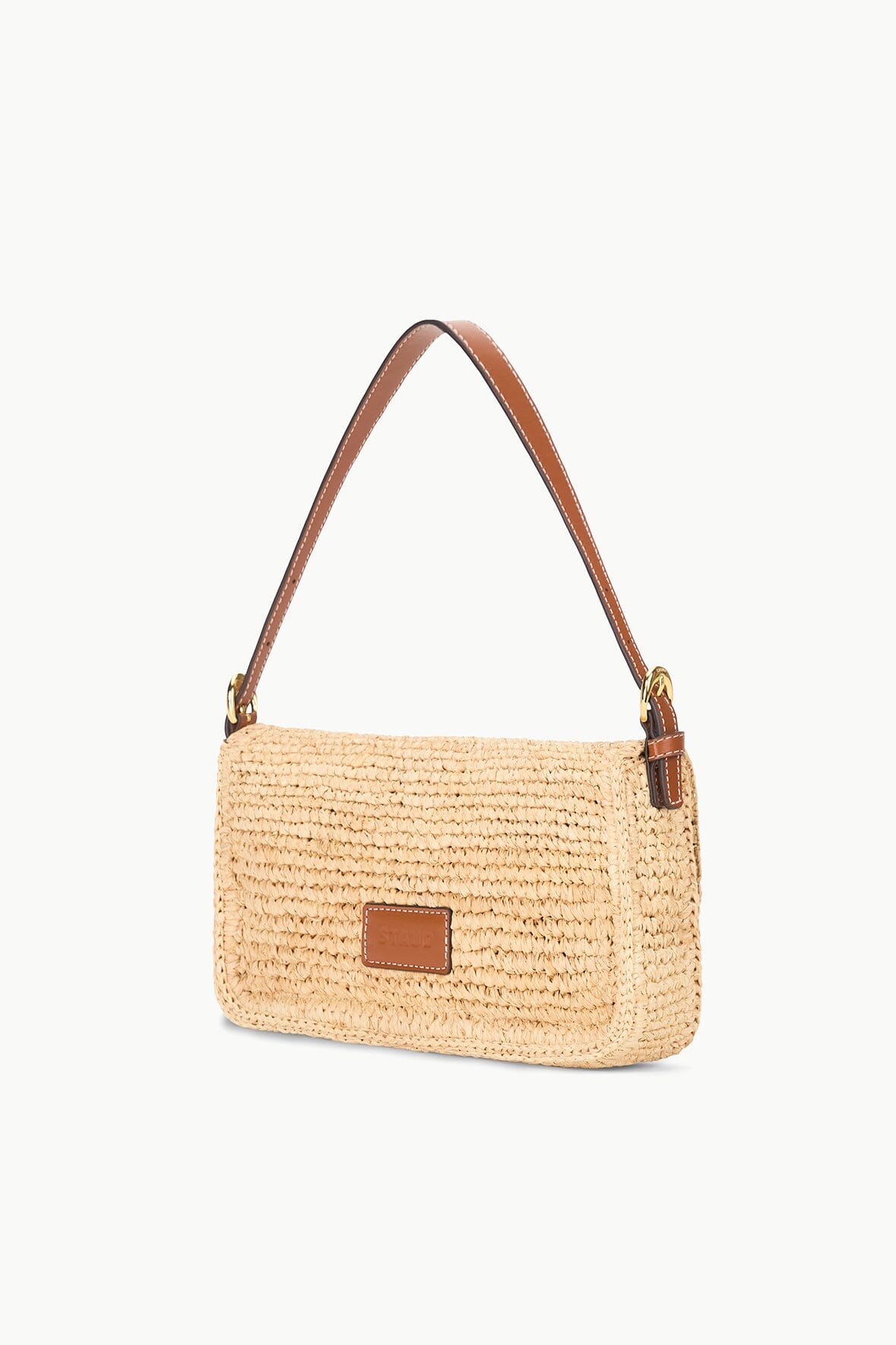 Natural tan raffia crossbody bag with top handles and square logo plaque